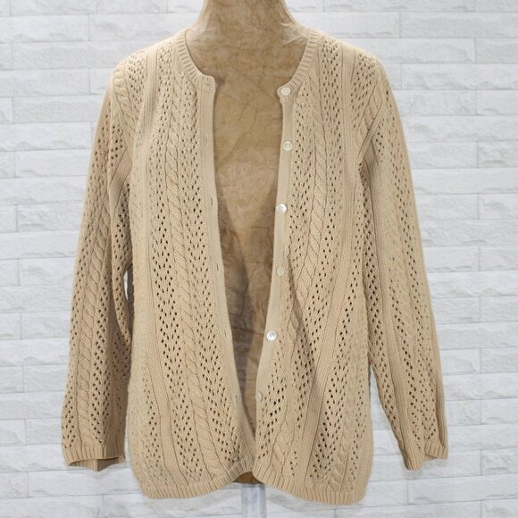EDDIE BAUER Cardigan Sweater Knit Cable Knit Open Weave Neutral Tan Cotton Large - Picture 1 of 10